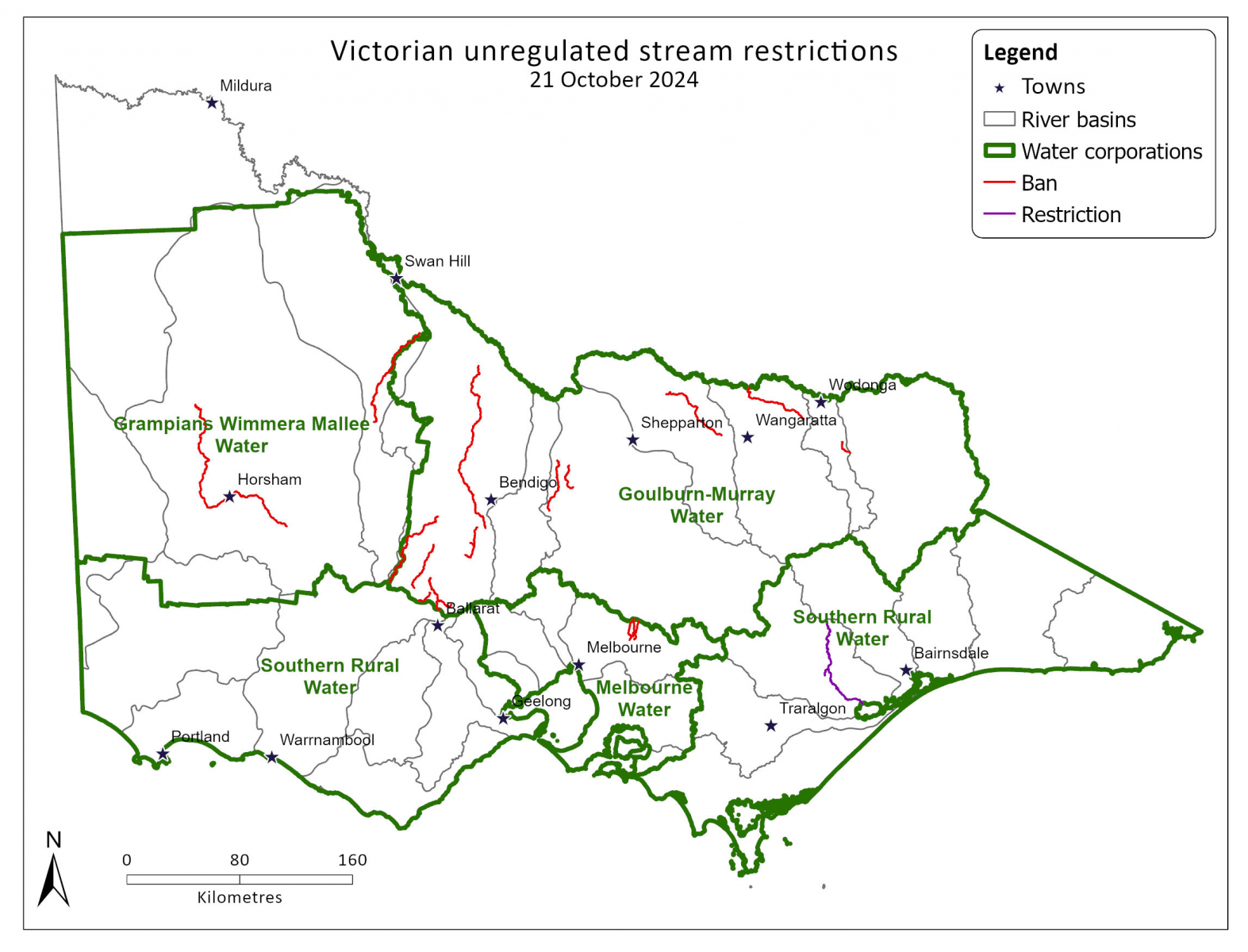 Map of Victorian unregulated stream restrictions as at 21 October 2024