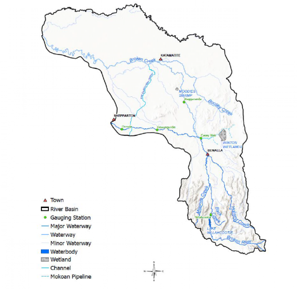 Broken River Catchment. This is a map of the Broken River Catchment Area.  The area shows the towns of Katamitite, Shepparton and Benalla, the wetlands include Winton, Moodies Swamp, and Lake Nillachootie.