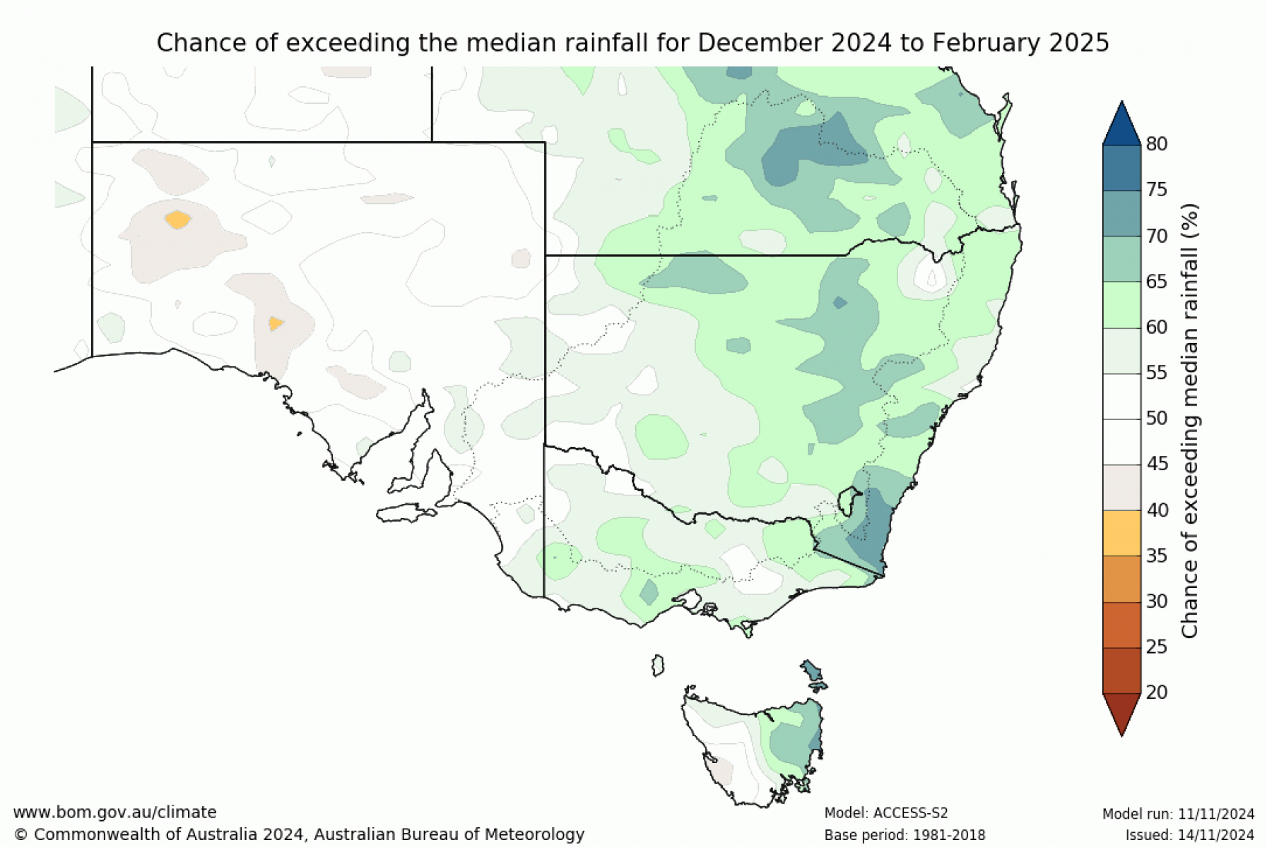 Chance of exceeding median rainfall for December 2024 to February 2025