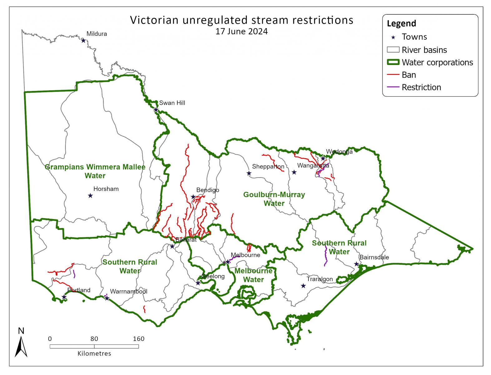 Map of Victorian unregulated stream restrictions as at 17 June 2024