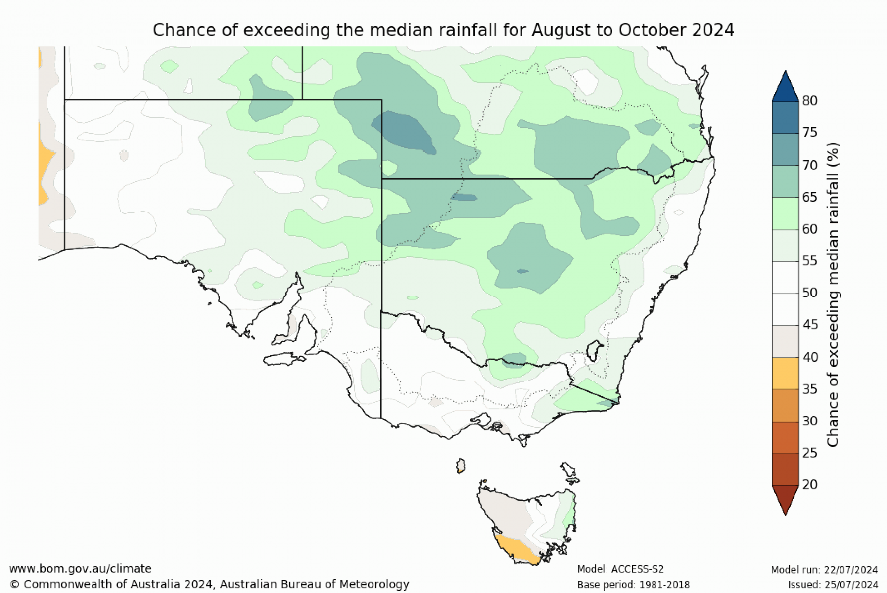 Chance of exceeding median rainfall for August to October 2024