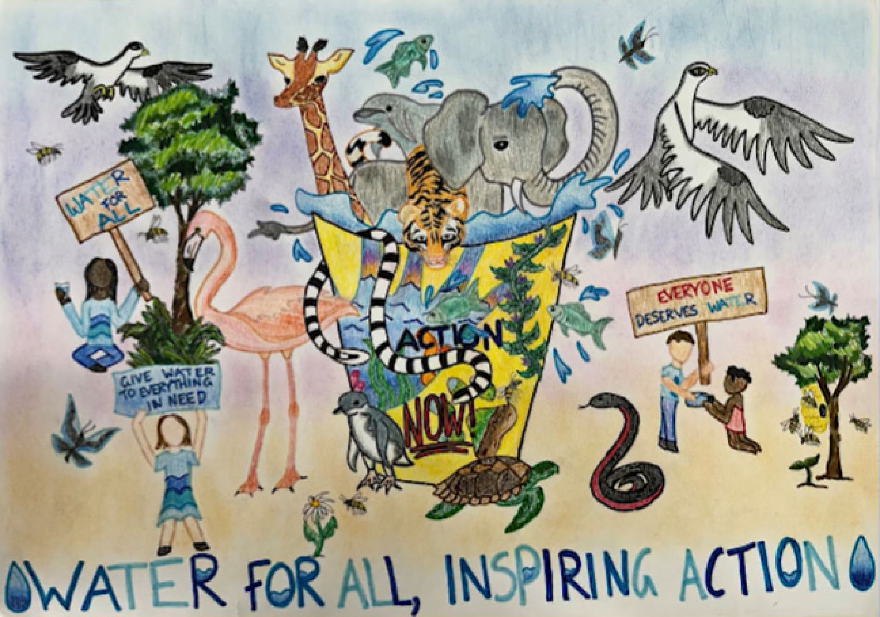 a handdrawn poster with people and anniamls demonstrating the theme of water for all, inspiring action