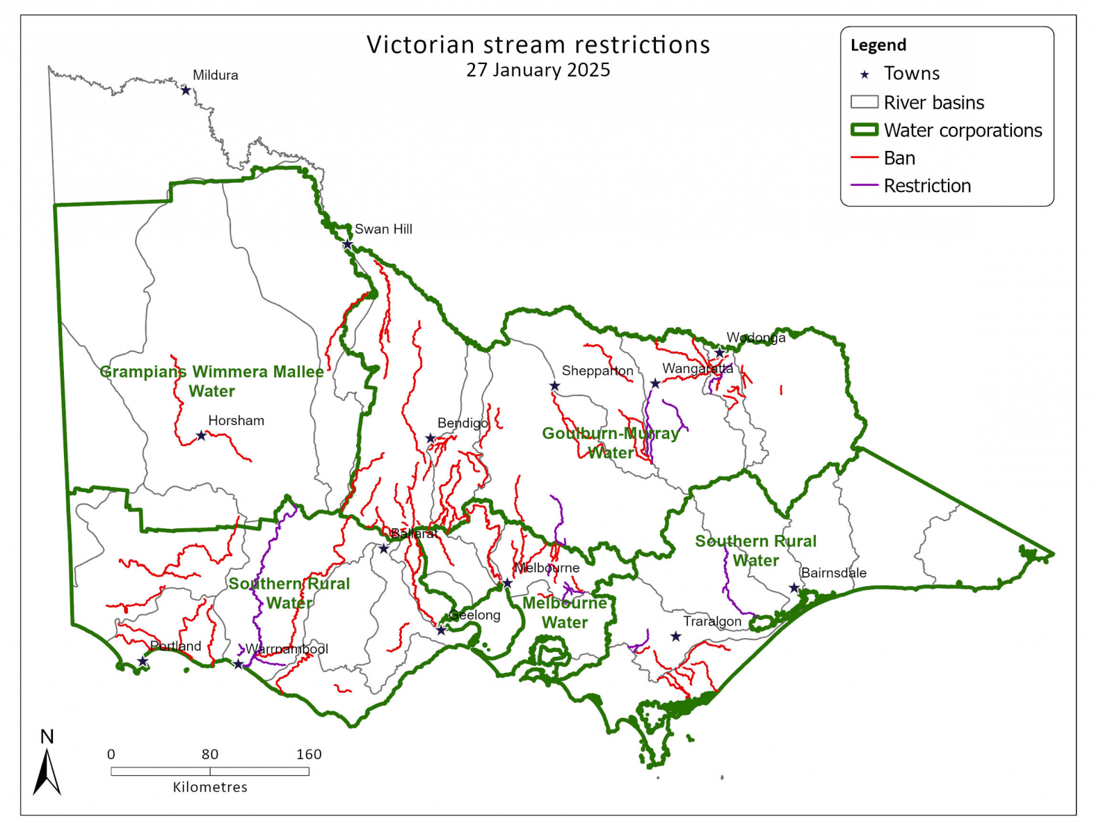 Map of Victorian unregulated stream restrictions as at 27 January 2025