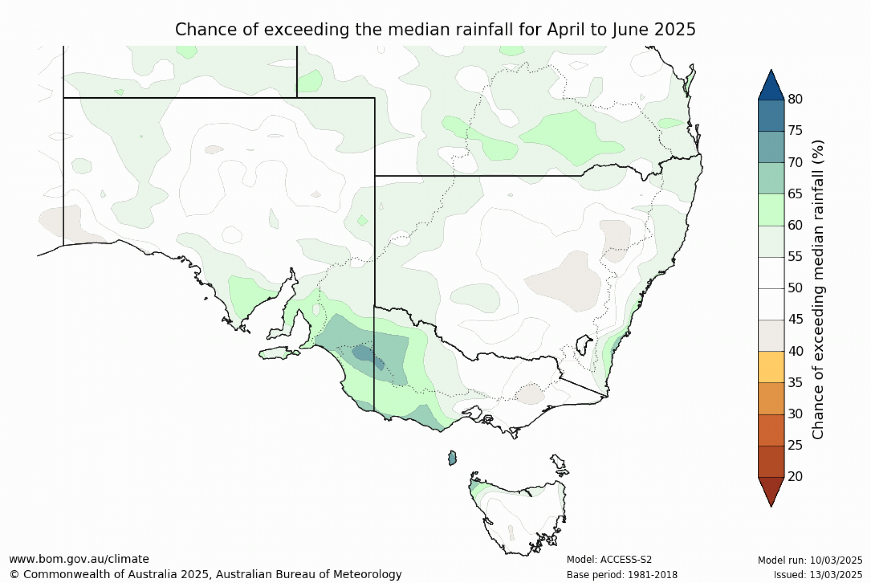 Chance of exceeding median rainfall for April to June 2025