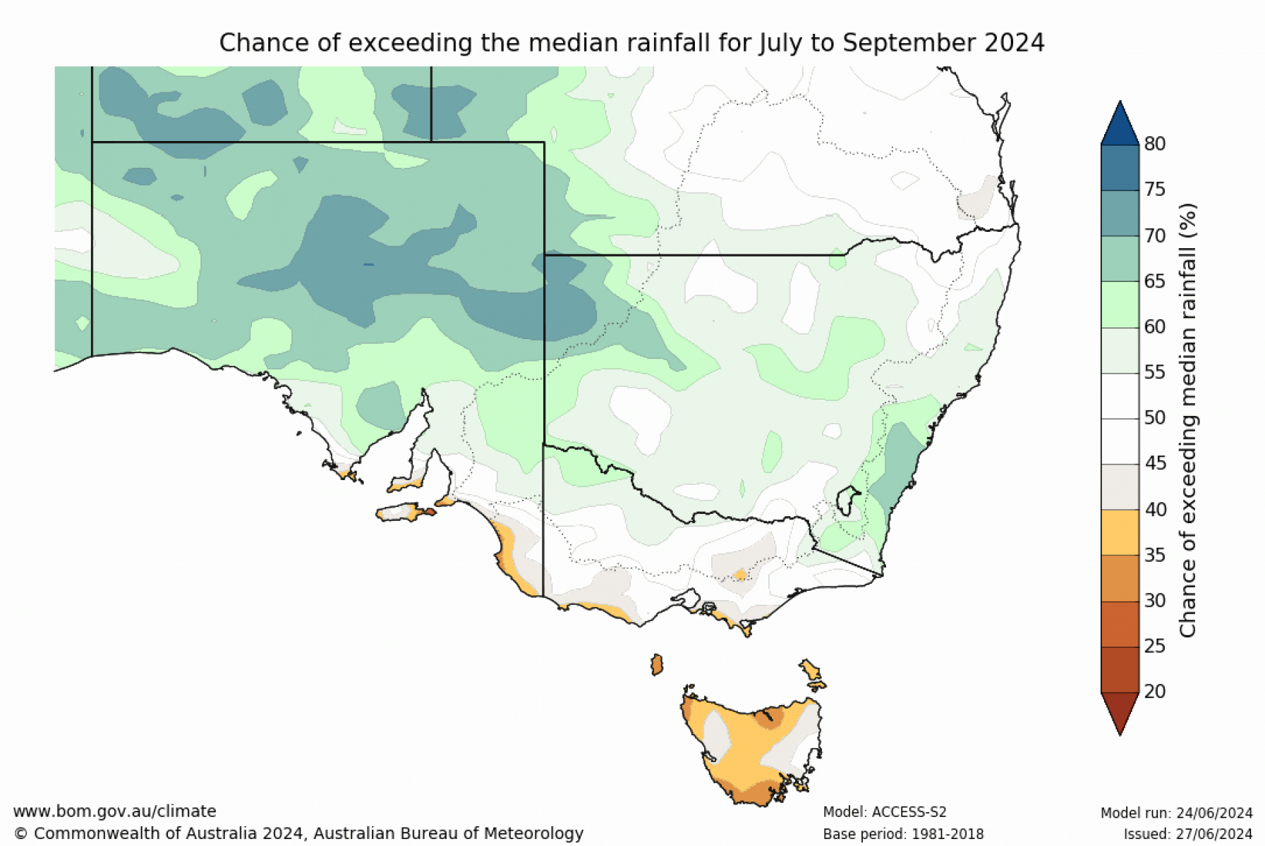 Chance of exceeding median rainfall for July to September 2024