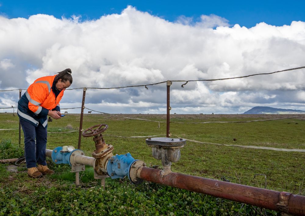 Photo of water corporation field officer inspecting water monitoring technology on a pyrethrum farm at Dunnstown outside Ballarat in southern Victoria.