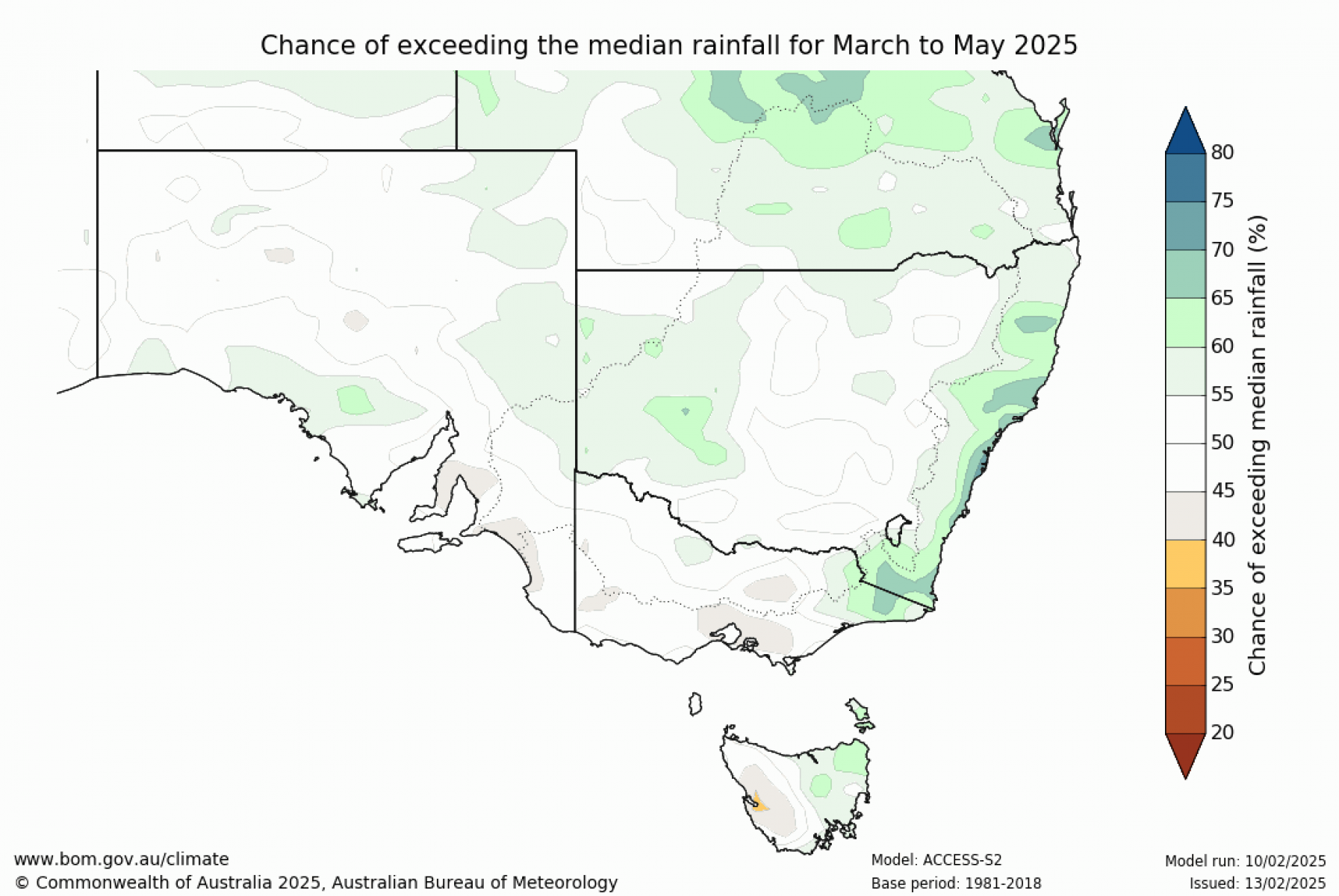 Chance of exceeding median rainfall for March 2025 to May 2025