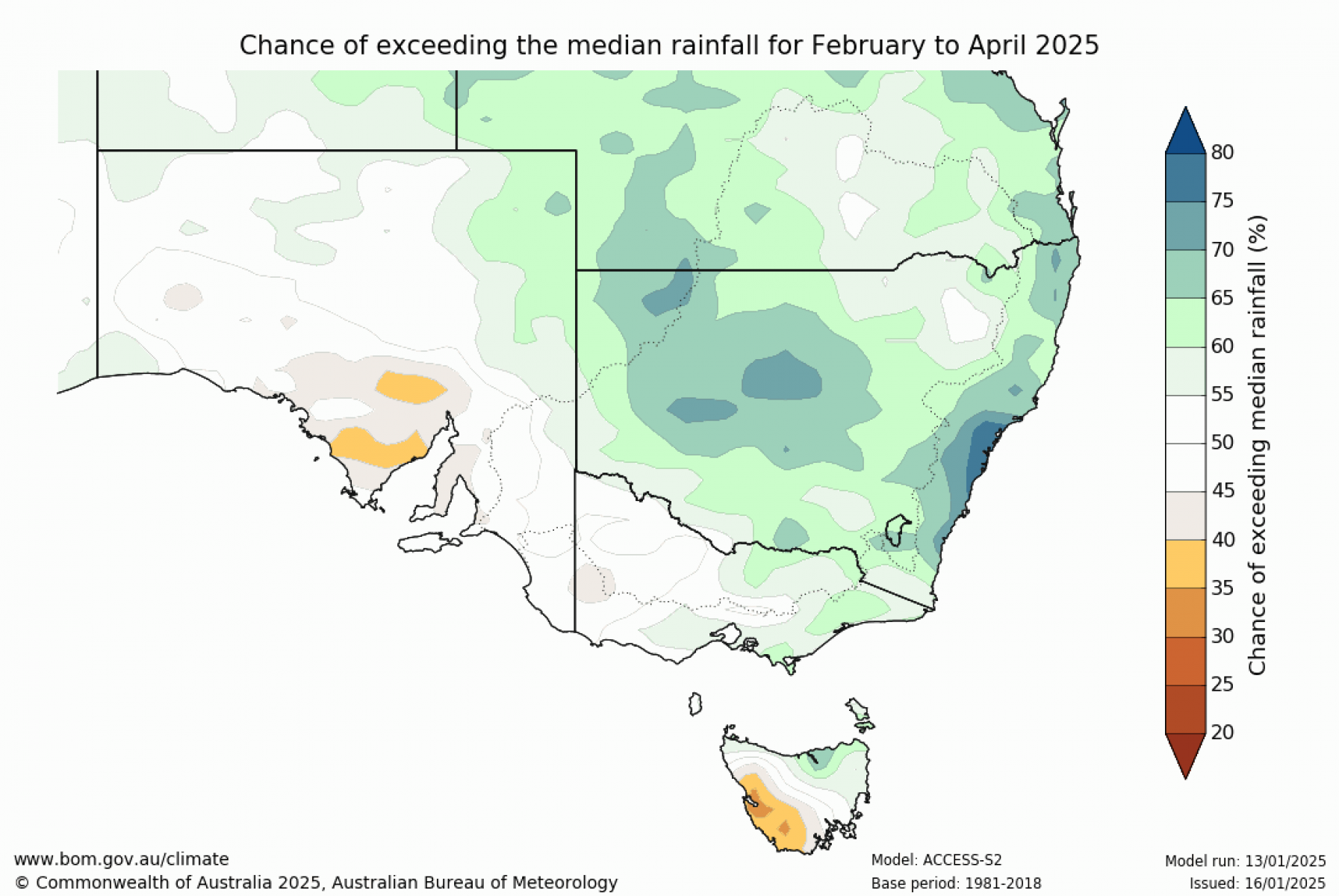 Chance of exceeding median rainfall for February 2025 to April 2025