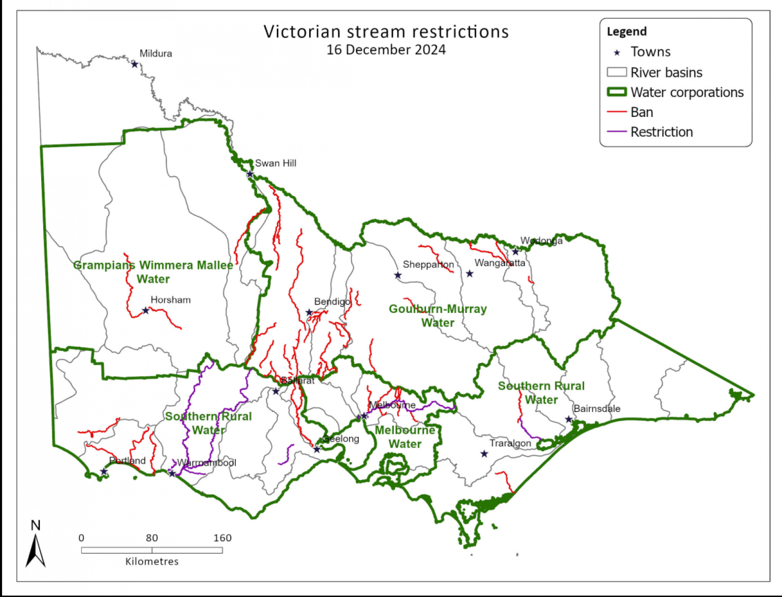 Map of Victorian unregulated stream restrictions as at 16 December 2024