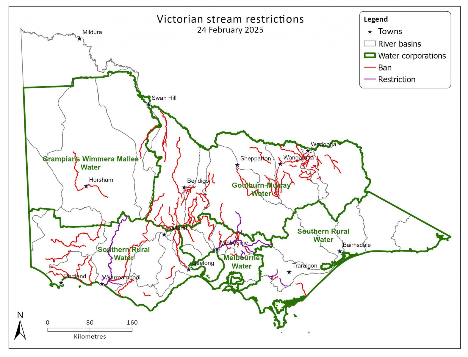 Map of Victorian stream restrictions as at 24 February 2025