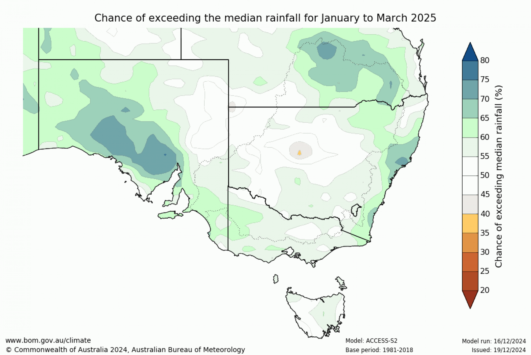 Chance of exceeding median rainfall for January 2025 to March 2025